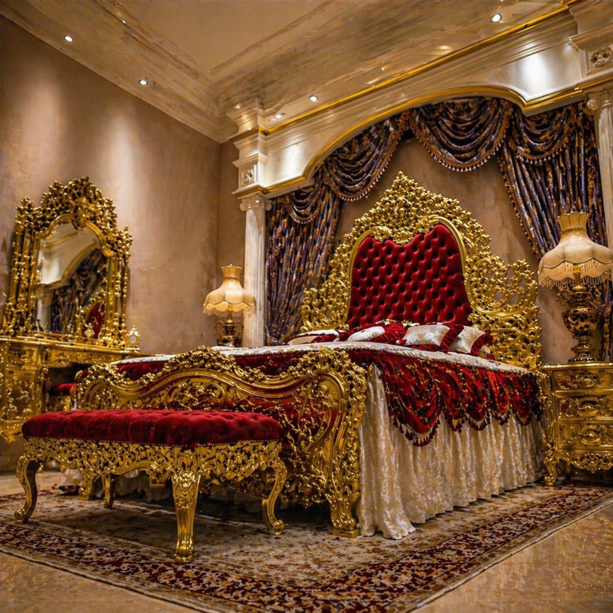 Carved Luxury Bedroom Set in Red & Gold
