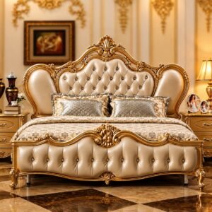 Leatherette Royal Bed with Golden Finish