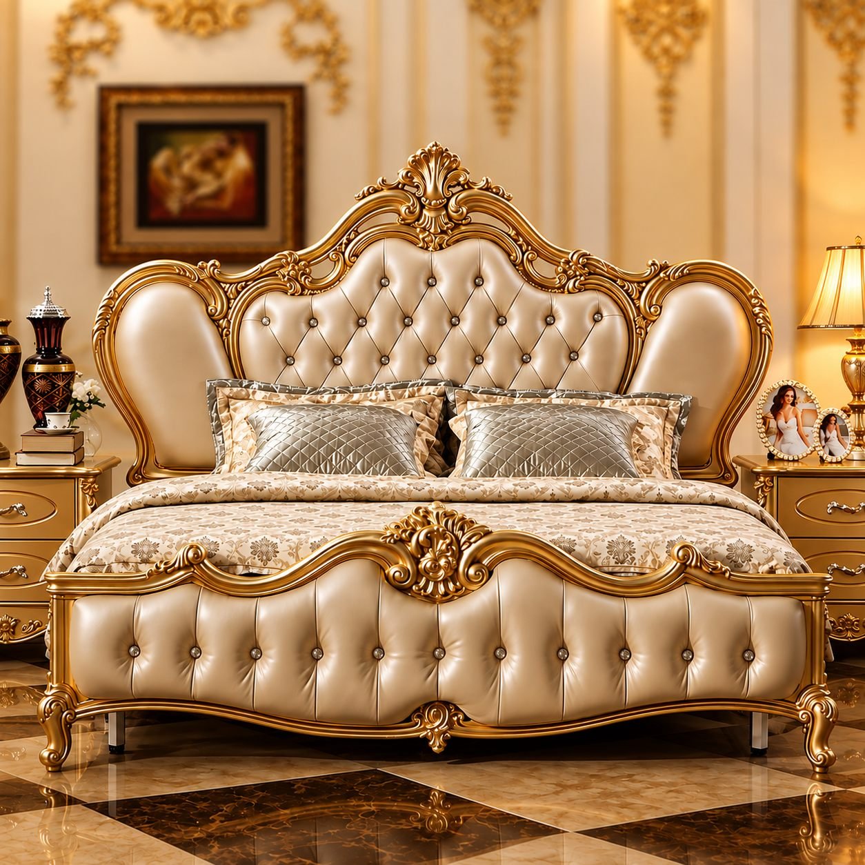 Leatherette Royal Bed with Golden Finish