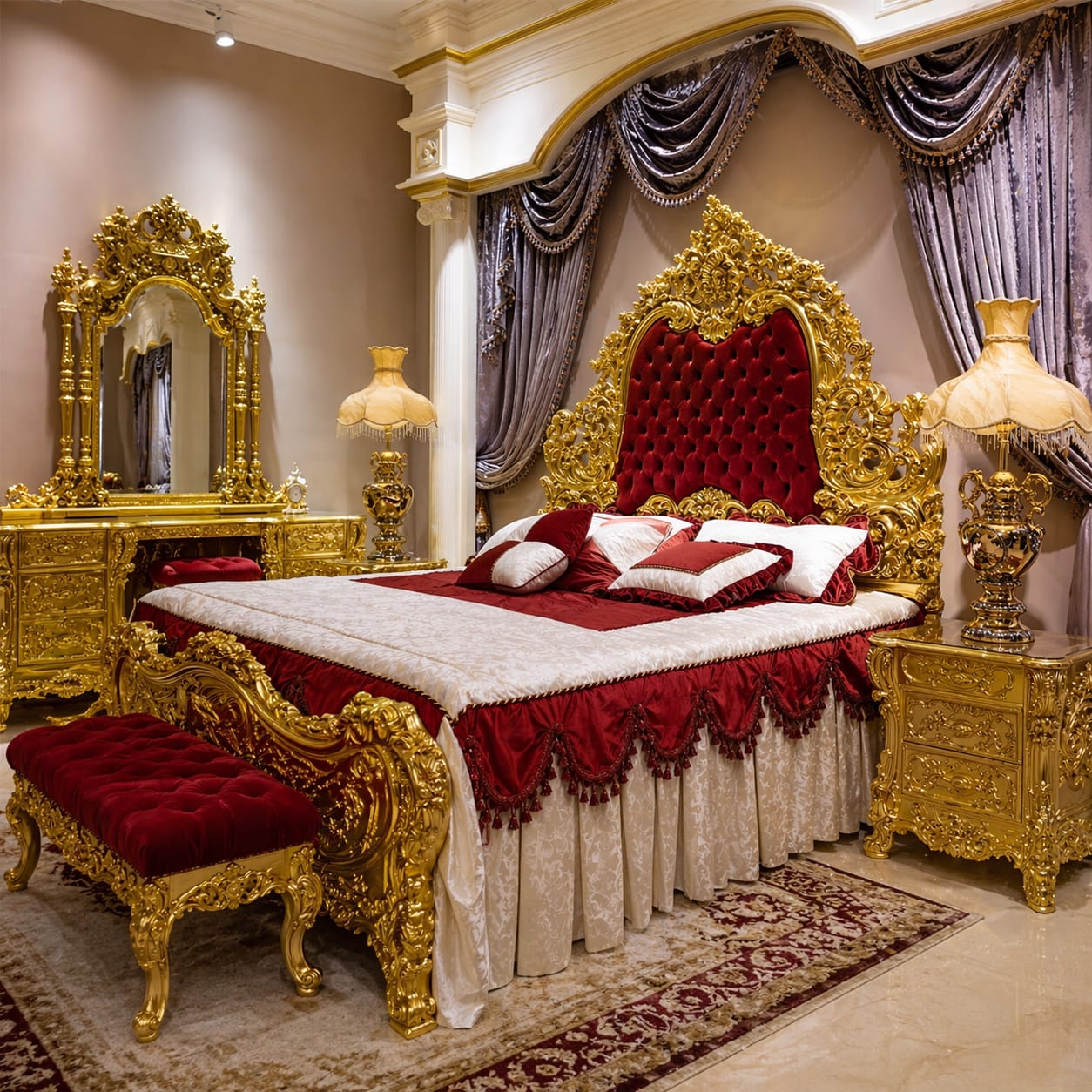 Luxury Bedroom Set in Red & Gold Royal Bedroom Furniture