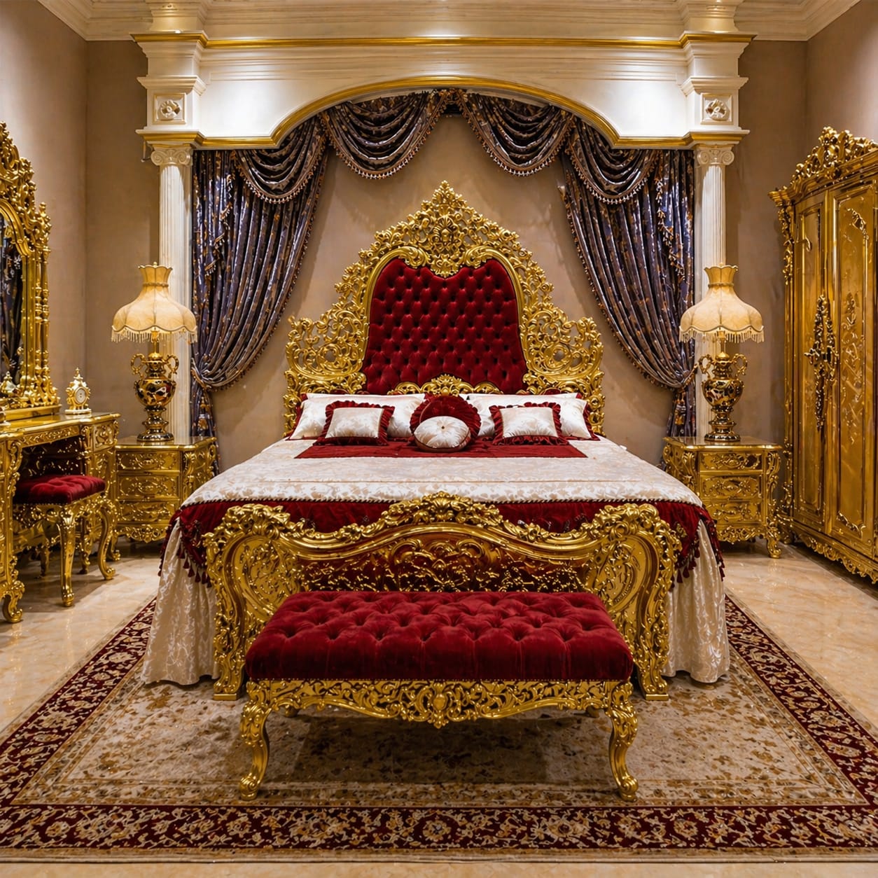 Red & Gold Luxury Bedroom Set Elegant Royal Interior