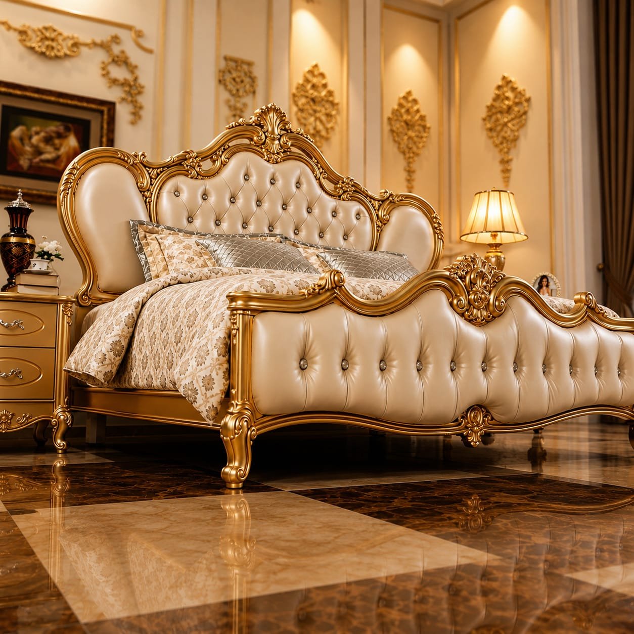 Custom Made Royal Bed in Antique Gold Finish by Shalvika Living