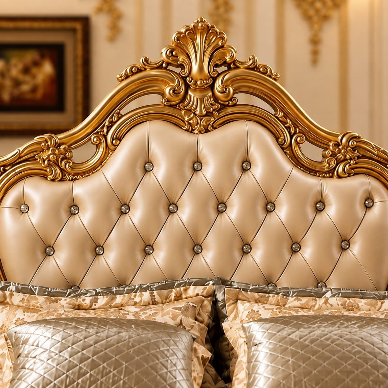 Fully Carved Leatherette Royal Bed in Antique Gold Finish by Shalvika Living
