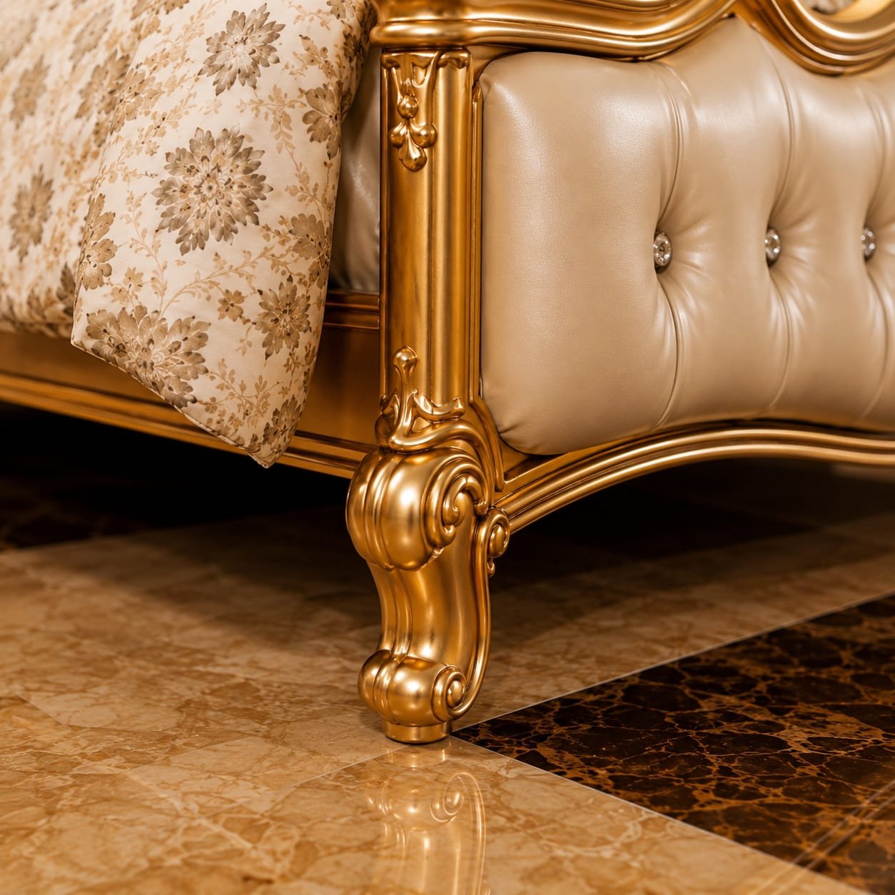 Leatherette Royal Bed in Antique Gold by Shalvika Living