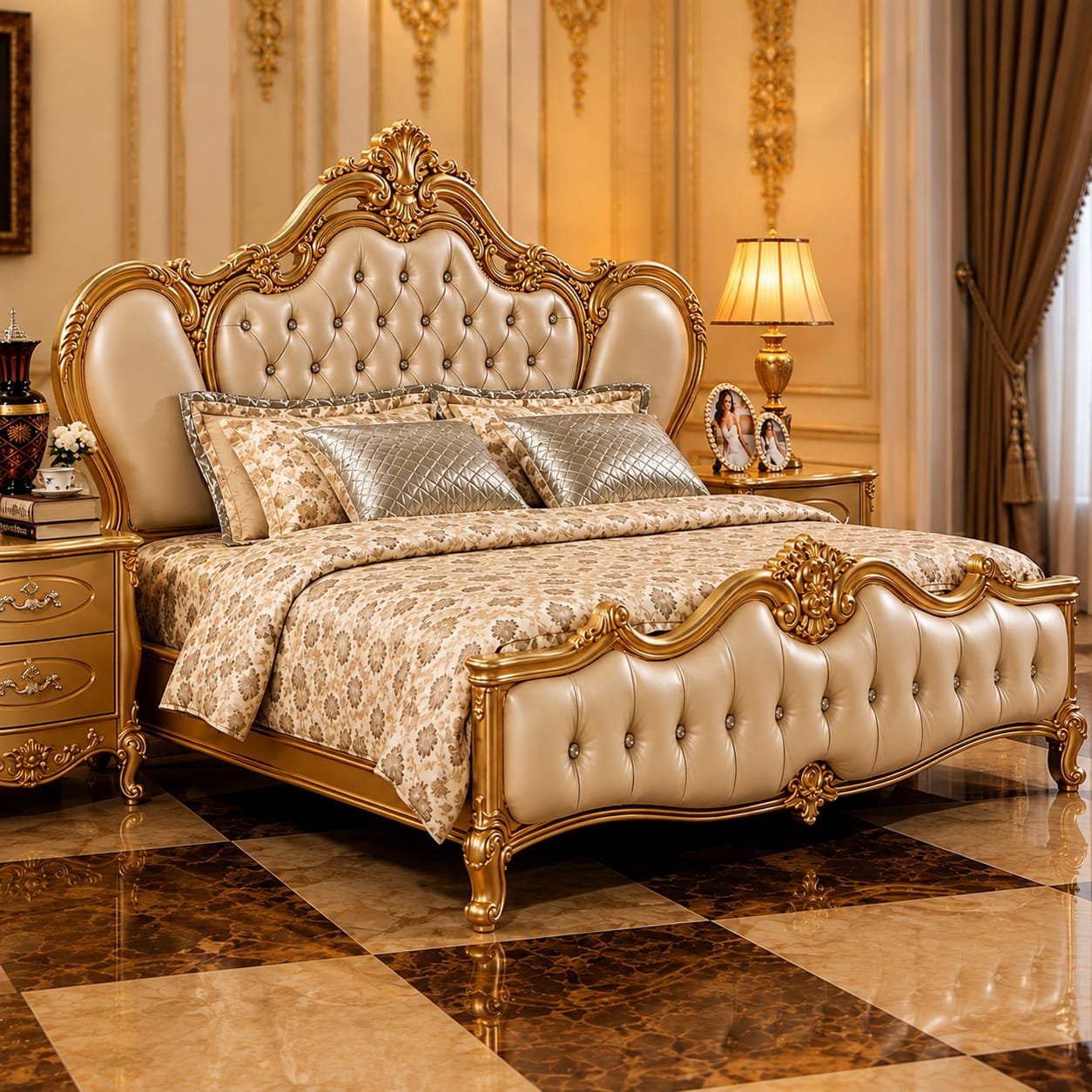 Leatherette Royal Bed in Antique Golden Finish by Shalvika Living