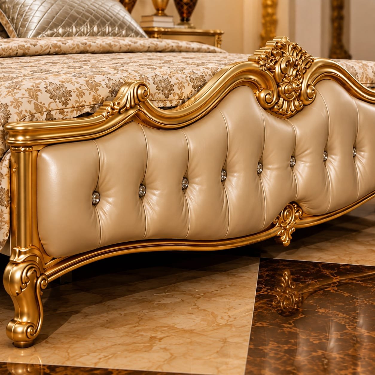 Premium Leatherette Royal Bed in Antique Gold Finish by Shalvika Living