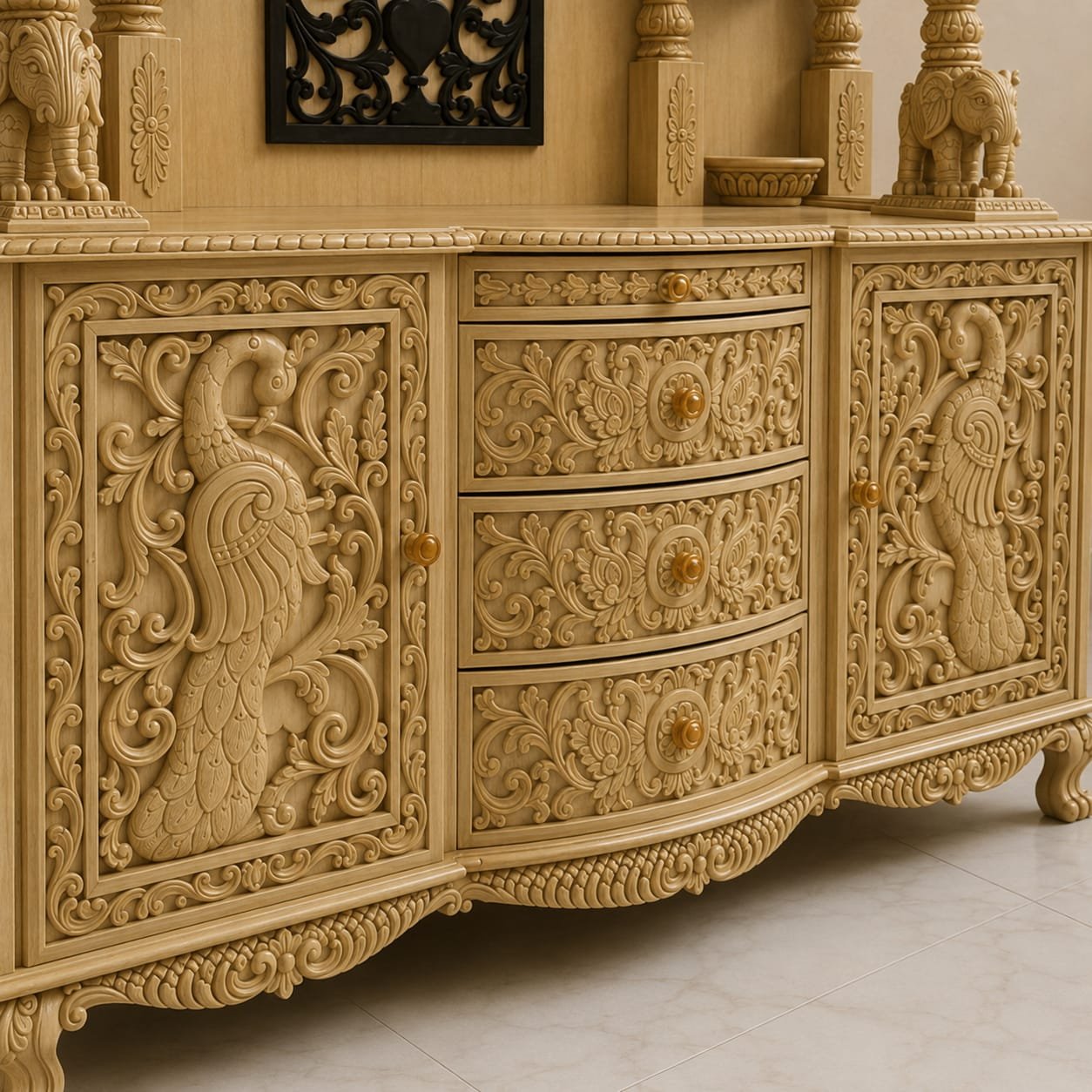 Temple in House Design with Front Peacock Carvings by Shalvika Living