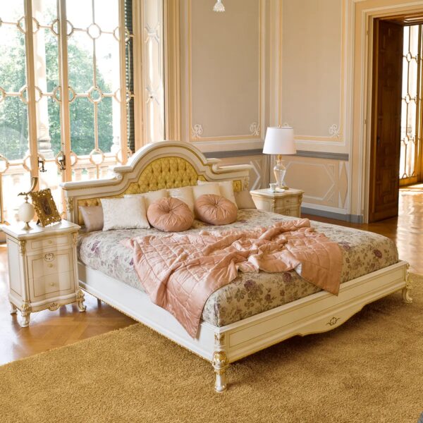 Royal Luxury Teak Wood Bed – Off White with Gold Highlights Luxury Furniture By Shalvika Living Innovations