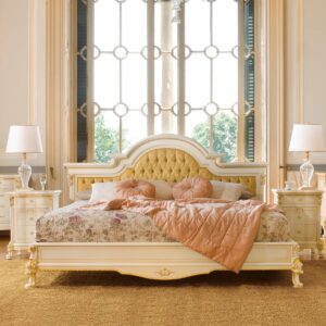 Royal Luxury Teak Wood Bed – Off White with Gold Highlights Luxury Furniture By Shalvika Living Innovations
