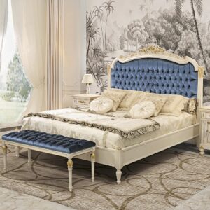 Regal Heritage Teak Bed – Pure White with Gold Highlights Luxury Furniture By Shalvika Living Innovations