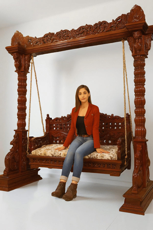 Carved Wooden Swing with Brass Chain