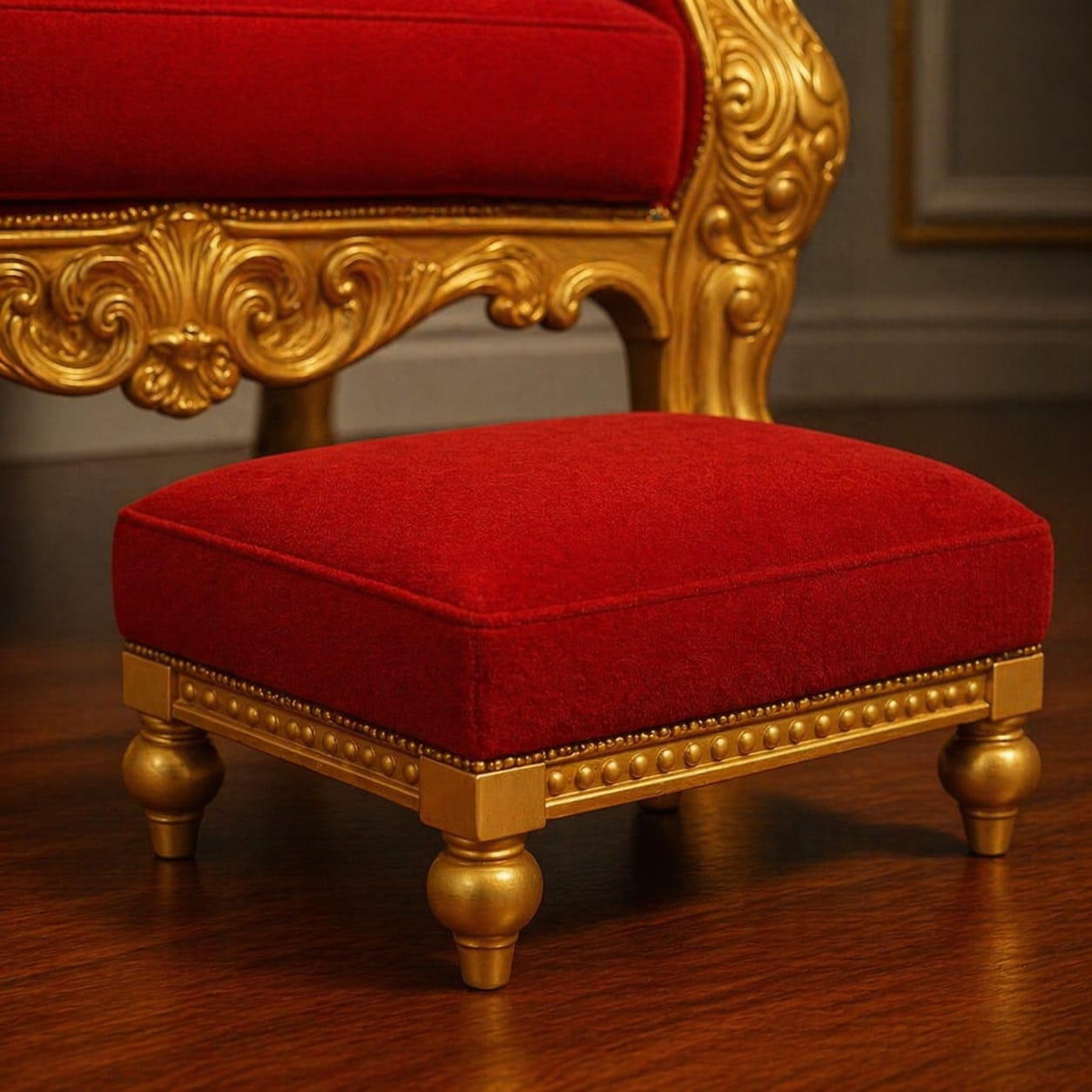 Designer Guruji Chair in Red and Gold with Paduka Chowki