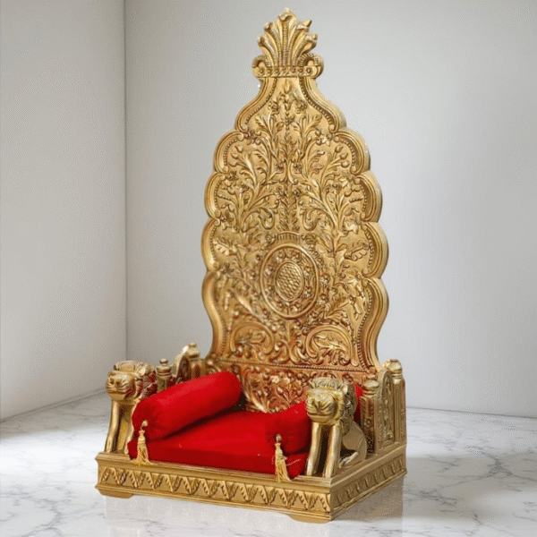 Wooden Guruji Chair with Lion Faces in Teak Wood & Red Velvet
