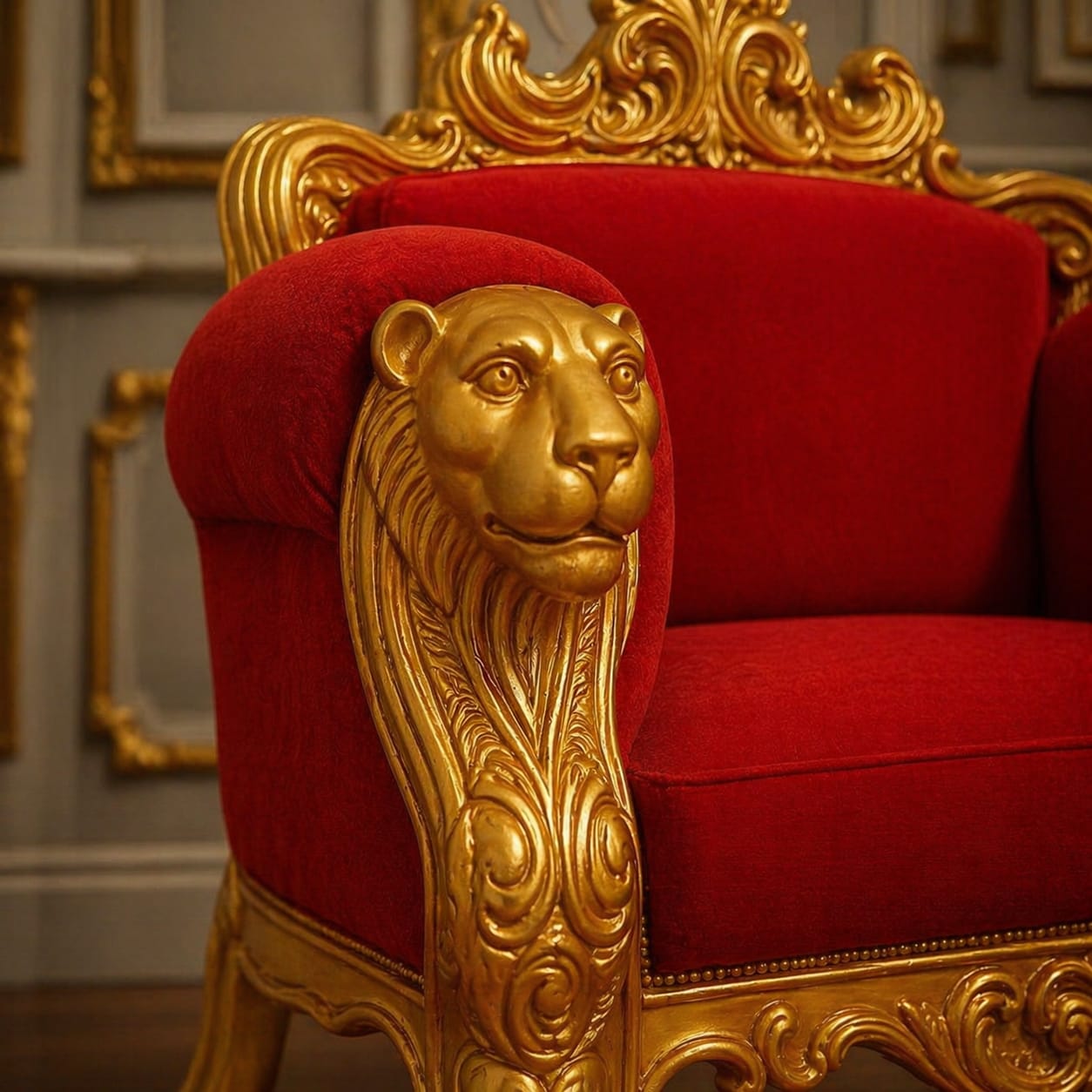 lion face designer guruji chair in red and gold