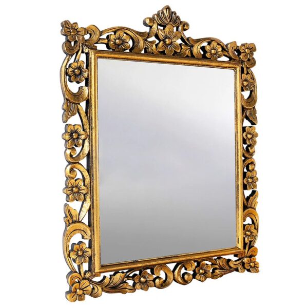 wooden carved mirror frame in antique gold panit by shalvika living innovations