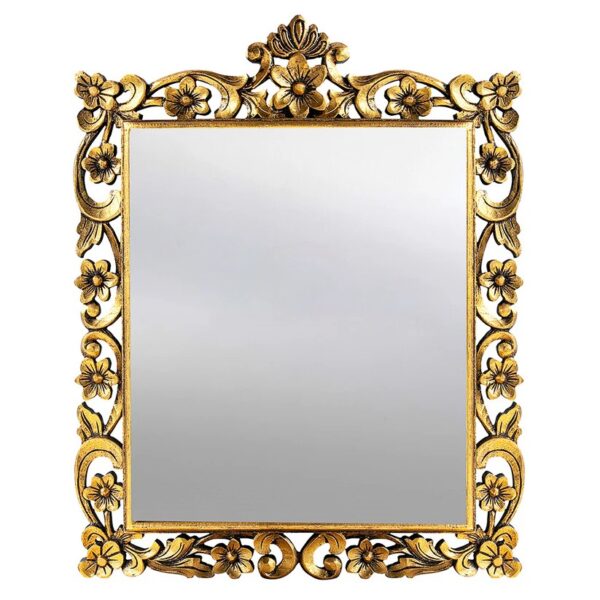 wooden carved mirror frame in antique gold panit by shalvika living innovations