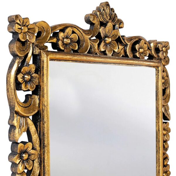 wooden carved mirror frame in antique gold panit by shalvika living innovations
