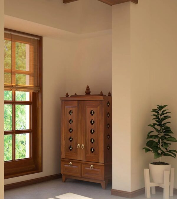 Solid Wood Pooja Mandir for Home with Doors, Brass Bells & Lamps - Image 6