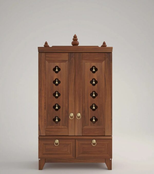 Solid Wood Pooja Mandir for Home with Doors, Brass Bells & Lamps - Image 4