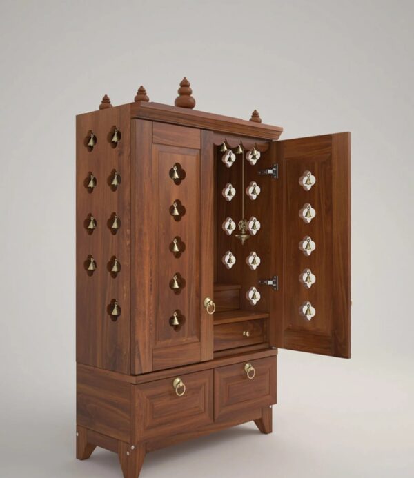 Solid Wood Pooja Mandir for Home with Doors, Brass Bells & Lamps - Image 5