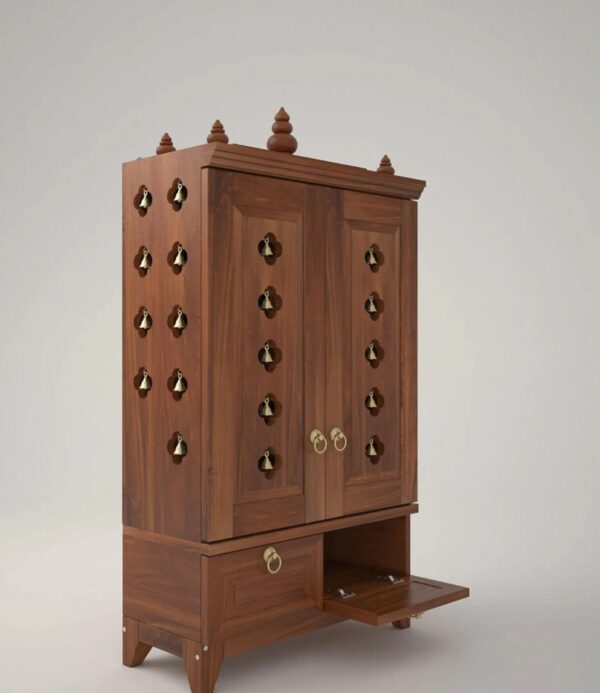 Solid Wood Pooja Mandir for Home with Doors, Brass Bells & Lamps - Image 3