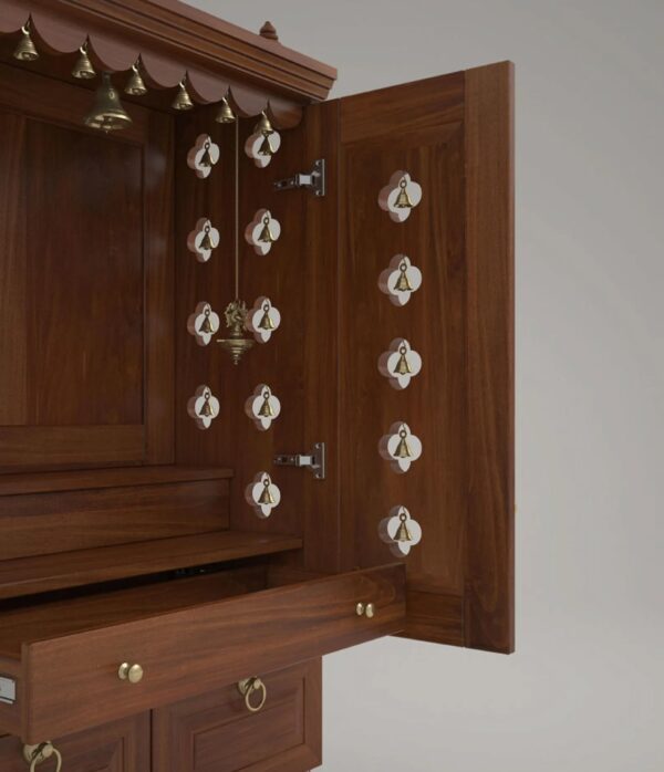 Solid Wood Pooja Mandir for Home with Doors, Brass Bells & Lamps - Image 2