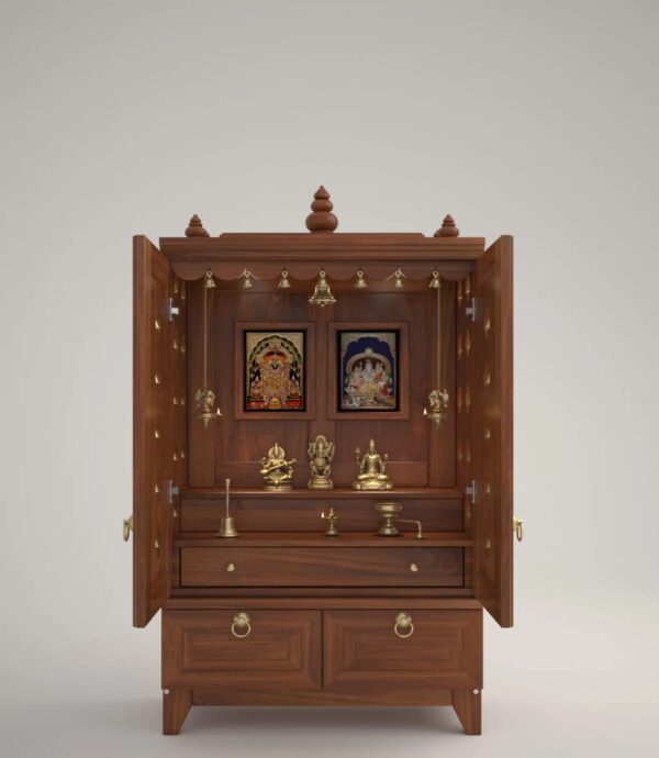 Solid Wood Pooja Mandir for Home with Doors, Brass Bells & Lamps