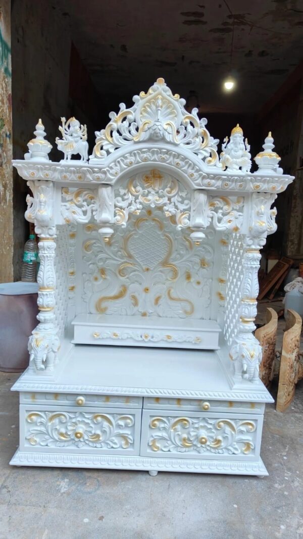 Wooden Handcraffted Designer Temple in White duco with gold highlighting - Image 3
