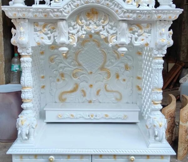 Wooden Handcraffted Designer Temple in White duco with gold highlighting - Image 2