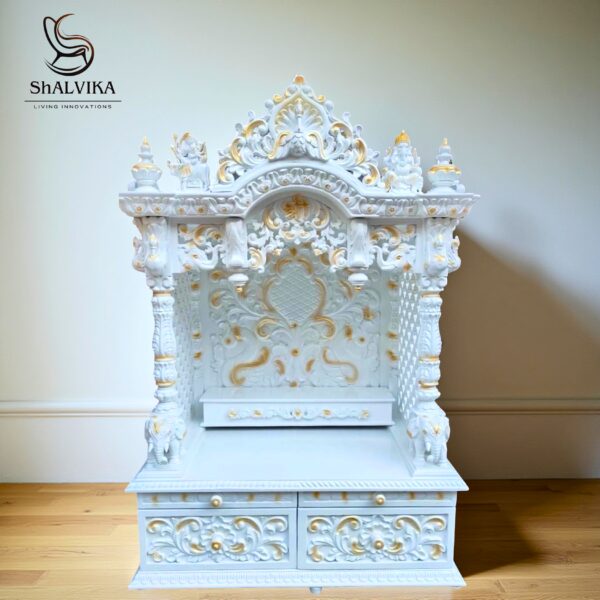 Wooden Handcraffted Designer Temple in White duco with gold highlighting