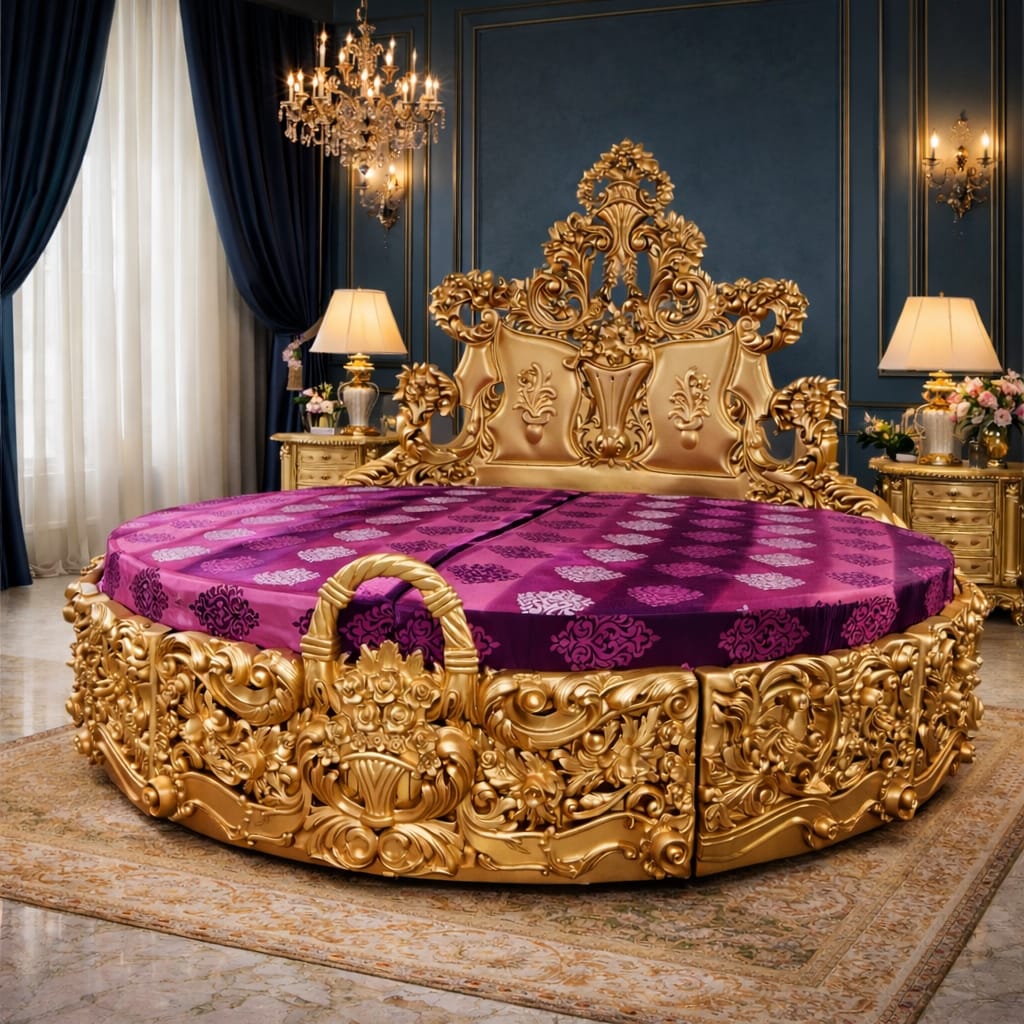 Handcrafted Royal Round Bed Design in Antique Gold