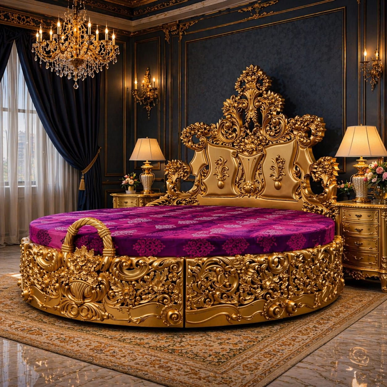 Premium Royal Round Bed Design in Antique Gold