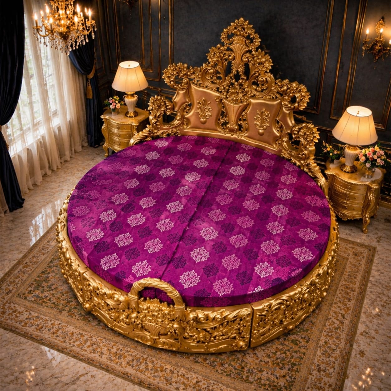 Round Bed Design in Antique Gold Finish