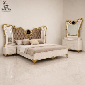 Luxury Royal Wooden Bed in Teak Wood with Upholstered Headboard