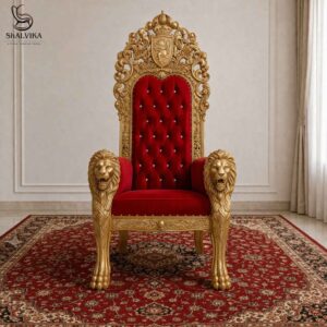 Wooden Handcrafted King Chair in Teak Wood with Gold Deco Paint