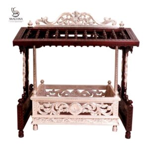 Antique white metal coated teak wooden cradle with elegant design