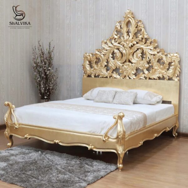Royal Golden Wooden Bed – Handcrafted Teak Wood Furniture by Shalvika Living Innovations