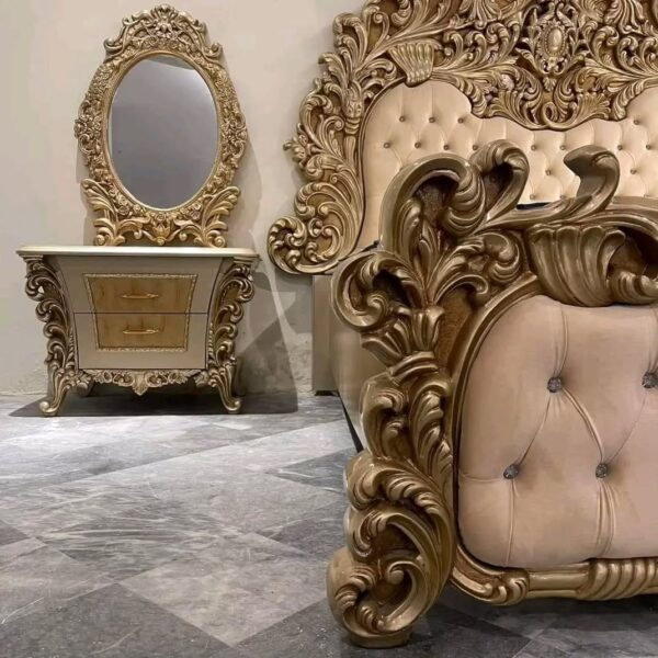 Luxury Golden Wooden Bed with 2 Side Tables - Image 3