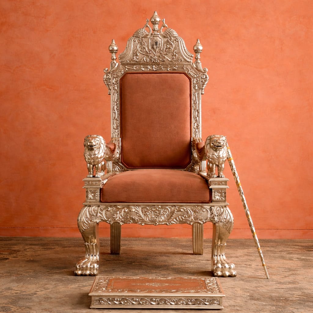 Maharaja style Guruji chair golden royal design with lion armrest, carved wood and footrest