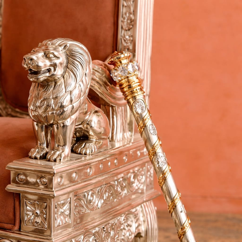 Maharaja style Guruji chair with lion design armrest and carved wooden royal throne detail