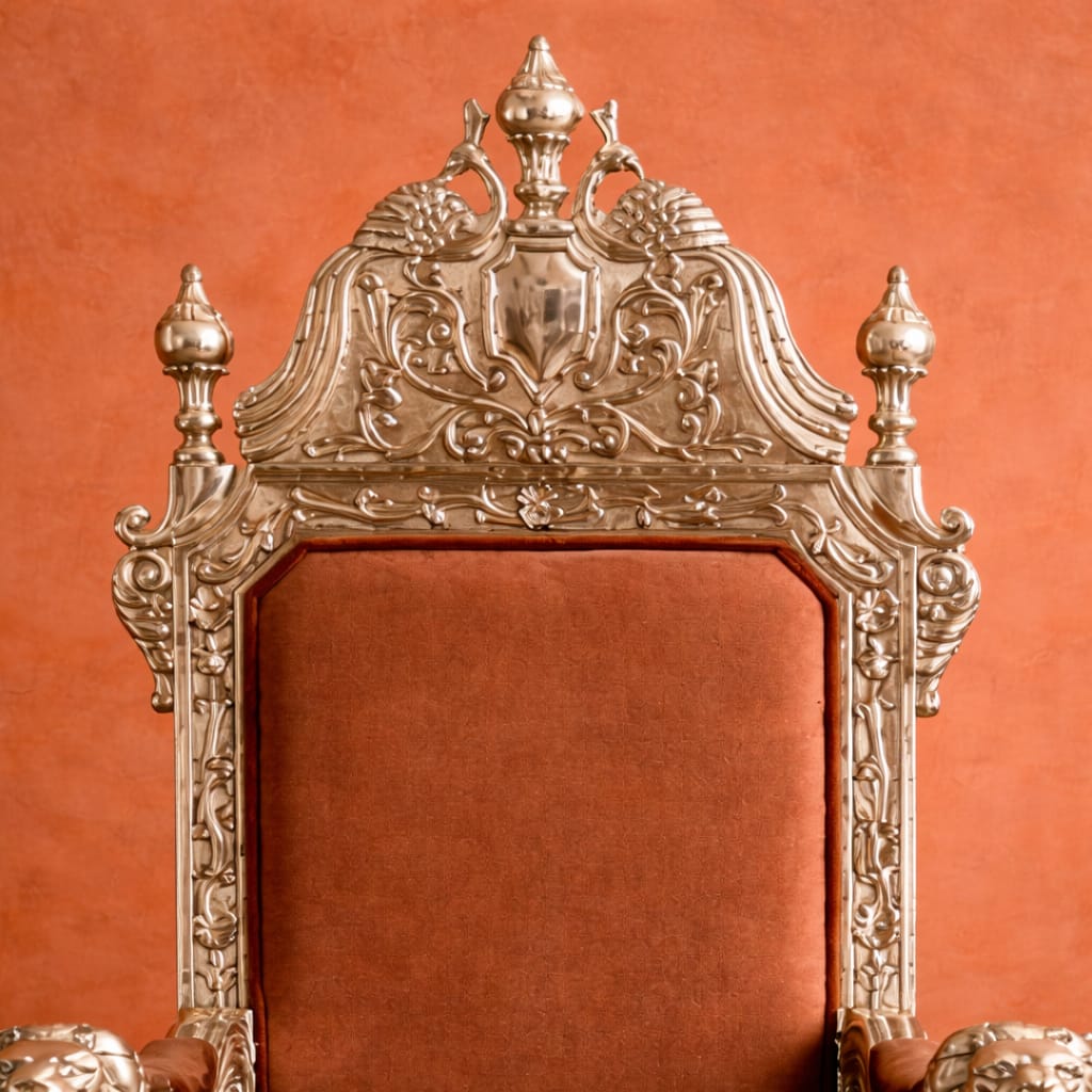 Maharaja style Guruji chair wooden royal throne back design with intricate carving and crown top