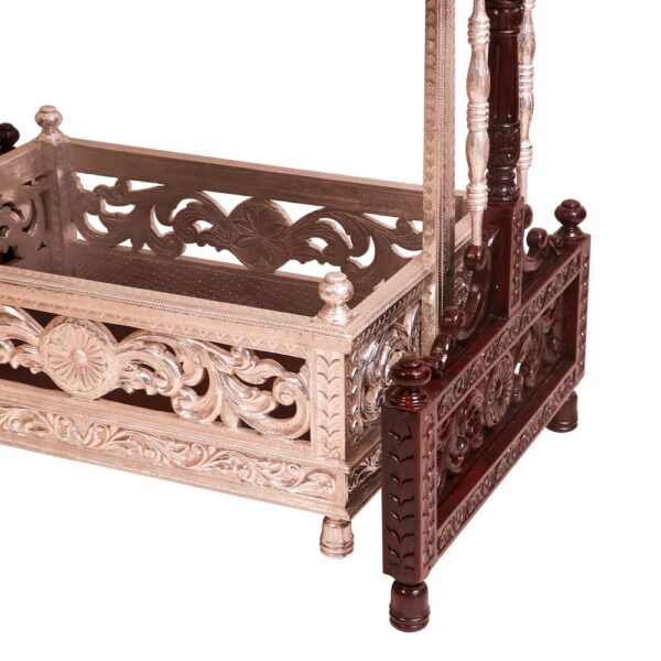 Antique White Metal Coated Teak Wooden Cradle - Image 4