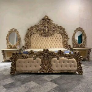 Luxury Golden Wooden Bed – Handcrafted Teak Wood Furniture by Shalvika Living Innovations