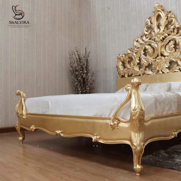 Royal Golden Wooden Bed – Handcrafted Teak Wood Furniture by Shalvika Living Innovations