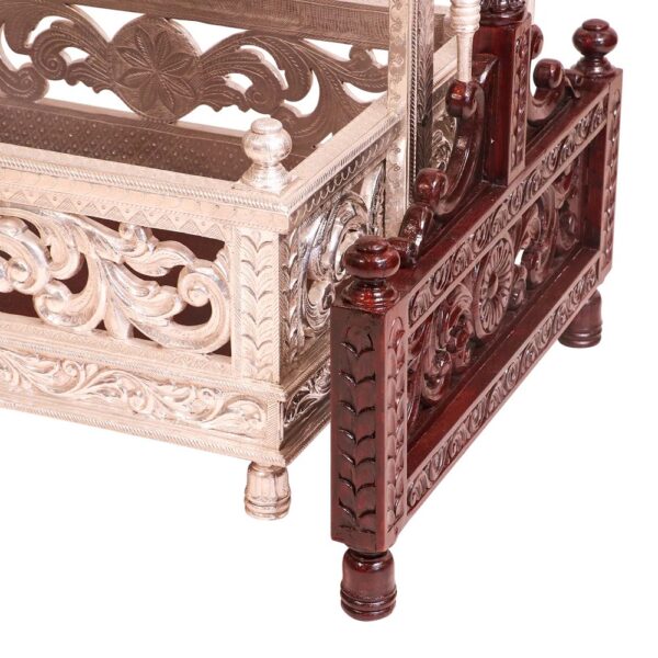 Antique White Metal Coated Teak Wooden Cradle - Image 2