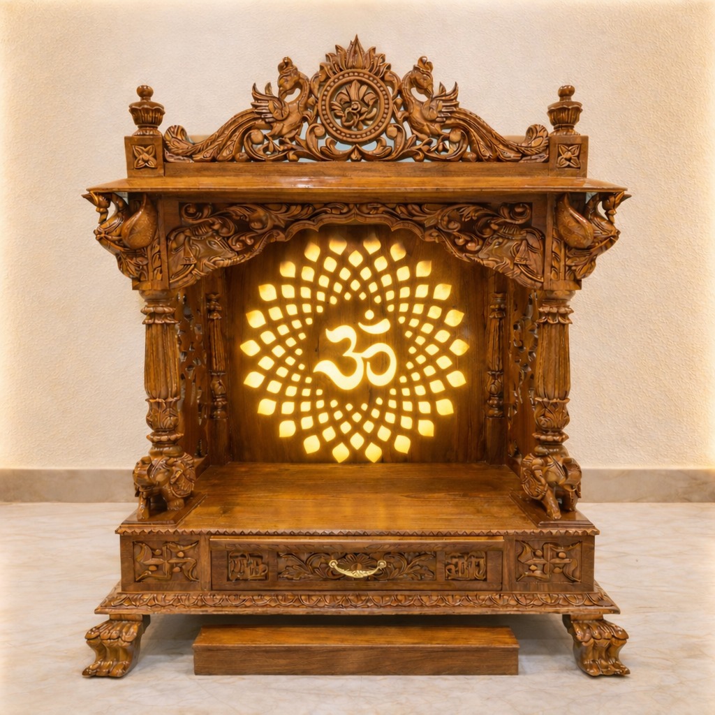 Wooden Carving Temple with LED Om Light