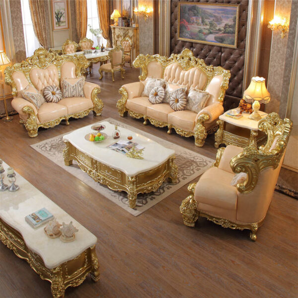 Latest Designs High Quality Luxury Villa Simple European Leather Solid Wood Carved Sofa Furniture