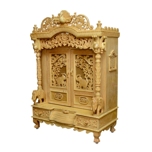Traditional Handcarving Sevan Wood Mandir with Natural Polish & LED Lights – Shalvika Living Innovations - Image 3