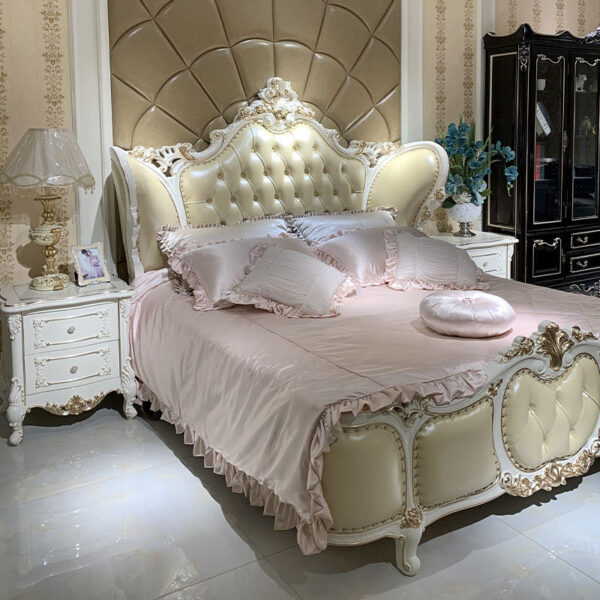 Luxury European Style Hotel Hand Carved Wooden Furniture Bedroom Double Bed Genuine Leather Bed - Image 4