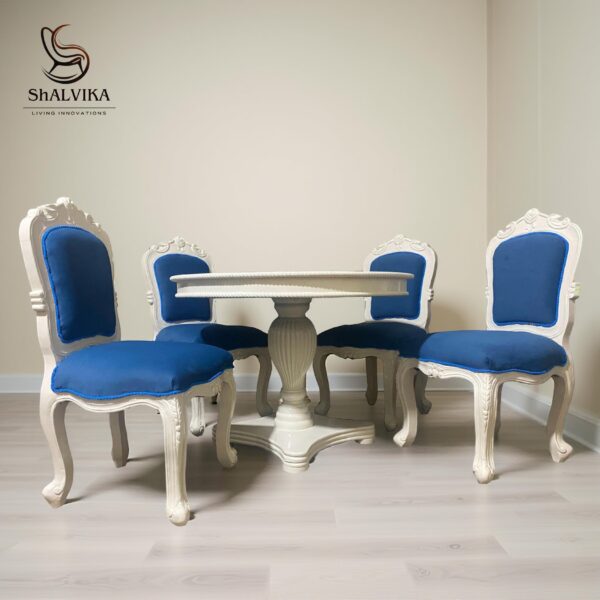 Hand Carved Dining Table & Blue Tufted Chairs – Off White